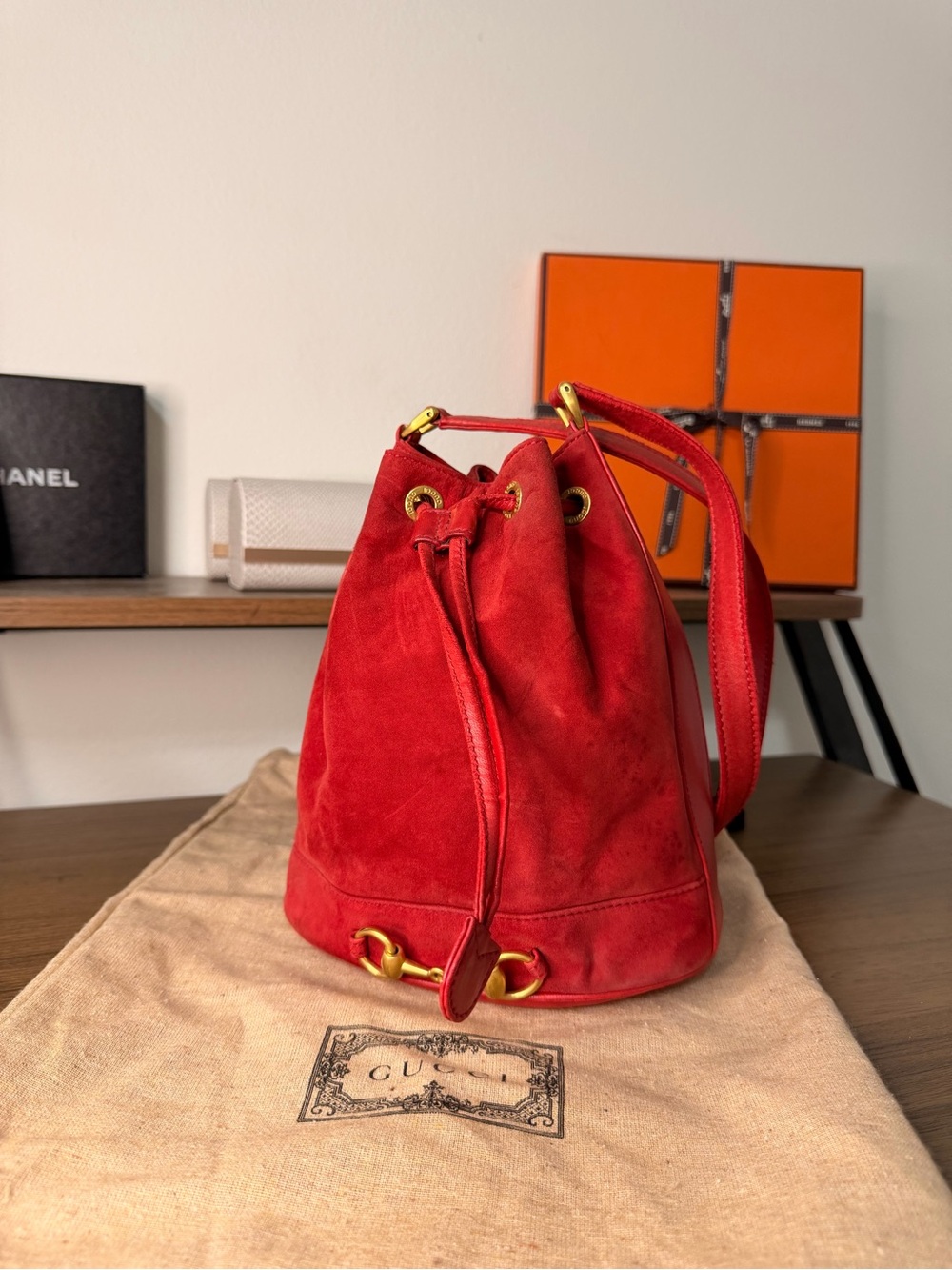 AUTHENTIC - Gucci Red Suede Drawstring Bucket Shoulder Bag with Gold Hardware